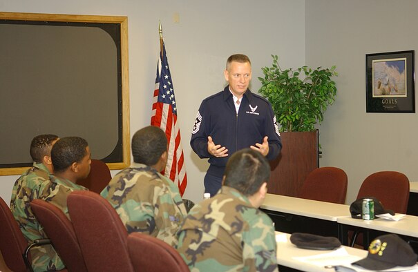 CANNON AIR FORCE BASE, N.M. -- Chief Master Sgt. Wade Johnson, 12th Air Force command chief listens to Airmen in the First Term Airmen Center during his visit to Cannon Feb. 1. (U.S. Air Force photo by Staff Sgt. April Wickes)