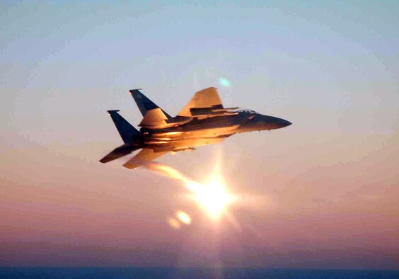 OPERATION NOBLE EAGLE (AFPN) -- An F-15C Eagle shoots off flares during a training mission Feb. 7.  The flares alert civilian aircraft that they are in restricted airspace.  The 33rd Fighter Wing has been supporting Operation Noble Eagle since Sept. 11, 2001, (U.S. Air Force Photo by Capt. Kristi Beckman)