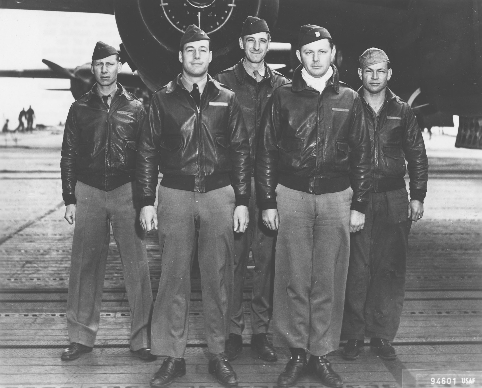 Crew No. 2 (Plane #40-2292, target Tokyo): 37th Bombardment Squadron, Lt. Travis Hoover, pilot; Lt. William N. Fitzhugh, copilot; Lt. Carl R. Wildner, navigator; Lt. Richard E. Miller, bombardier; Sgt. Douglas V. Radney, flight engineer/gunner. (U.S. Air Force photo)