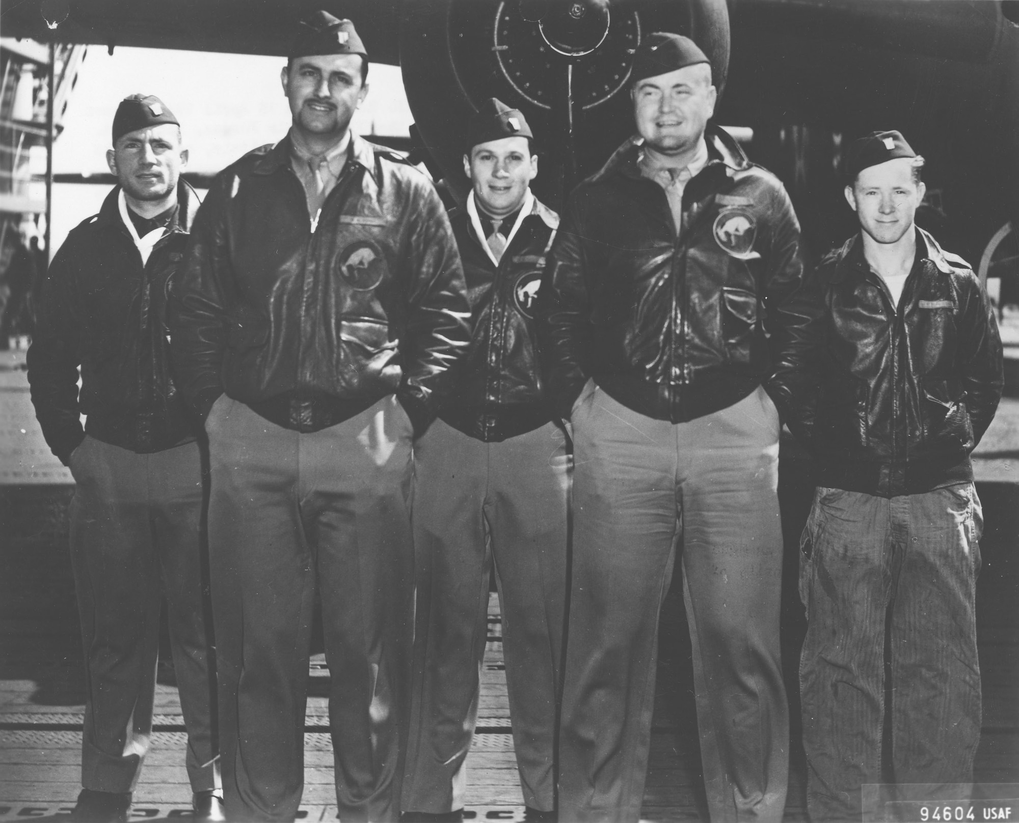 Crew No. 5 (Plane #40-2283, target Tokyo): 95th Bombardment Squadron, Capt. David M. Jones, pilot; Lt. Ross R. Wilder, copilot; Lt. Eugene F. McGurl, navigator; Lt. Denver V. Truelove, bombardier; Sgt. Joseph W. Manske, flight engineer/gunner. (U.S. Air Force photo)