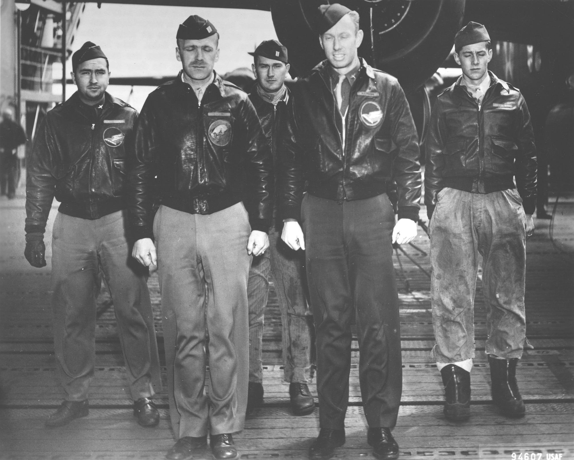 Crew No. 8 (Plane #40-2242, target Tokyo): 95th Bombardment Squadron, Capt. Edward J. York, pilot; Lt. Robert G. Emmens, copilot; Lt. Nolan A. Herndon, navigator/bombardier; SSgt. Theodore H. Laban, flight engineer; Sgt. David W. Pohl, gunner. (U.S. Air Force photo)