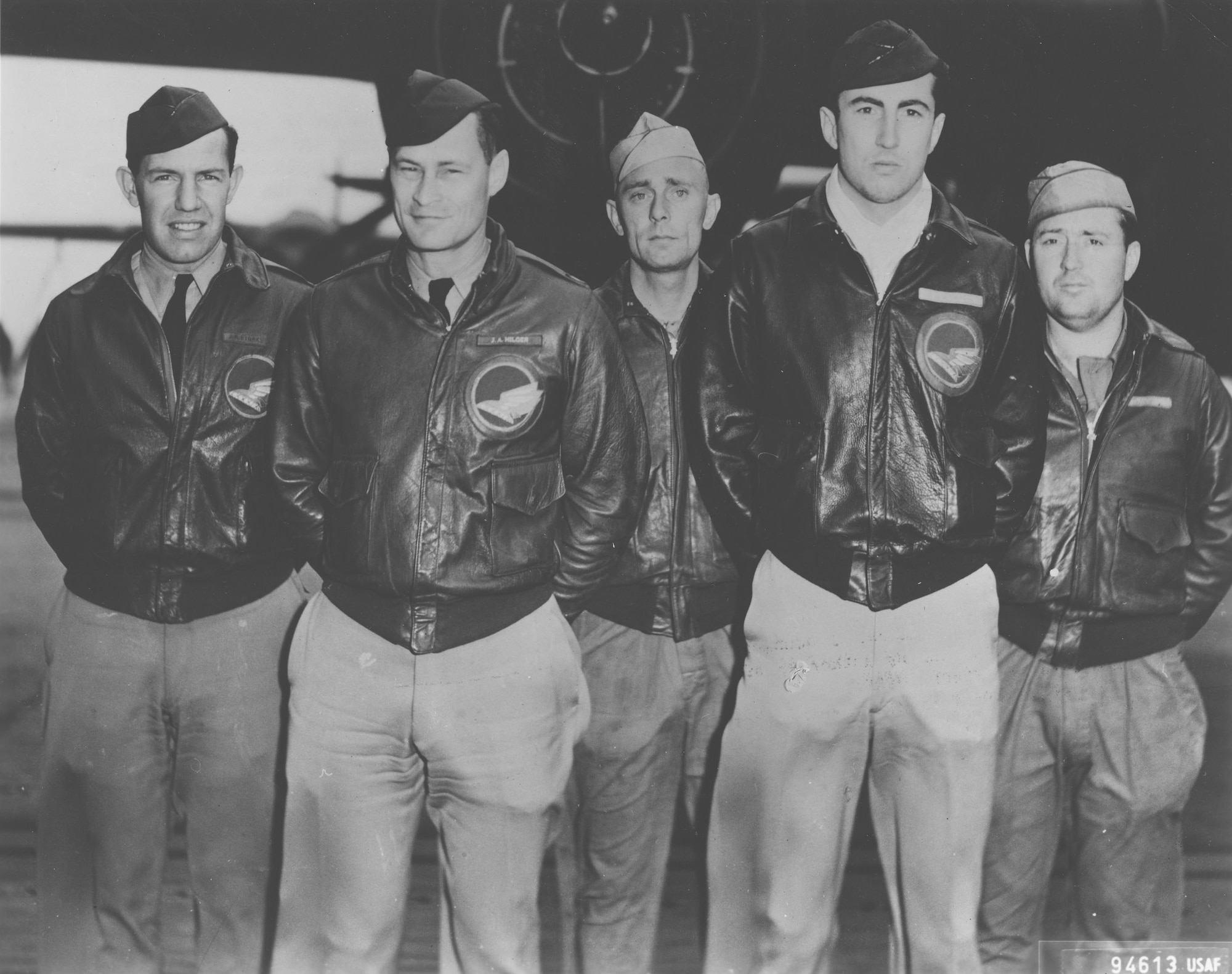 Crew No. 14 (Plane #40-2297, target Nagoya): 89th Reconnaissance Squadron, Maj. John A. Hilger, pilot; Lt. Jack A. Sims, copilot; Lt. James H. Macia Jr., navigator/bombardier; SSgt. Job Eierman, flight engineer; SSgt. Edwin V. Bain, gunner. (U.S. Air Force photo)