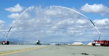 EDWARDS AIR FORCE BASE, Calif. -- After supporting the Global War on Terror for three years, Global Hawk unmanned aerial vehicle number three (UAV-3) received its official homecoming today when its wheels touched down at 11:30 a.m. Pacific Time at Edwards Air Force Base, Calif. (U. S. Air Force photo by Chad Bellay)