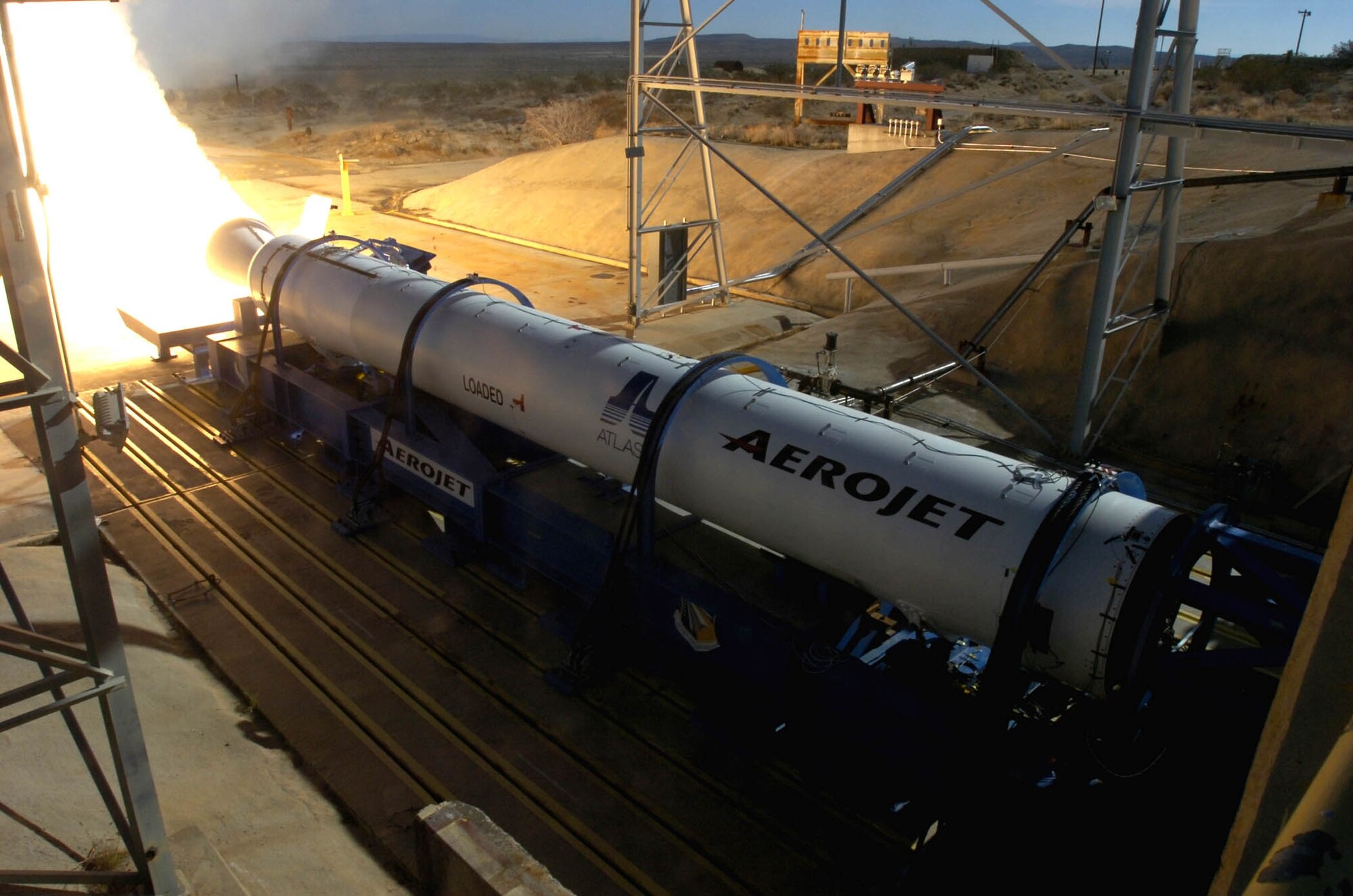 EDWARDS AIR FORCE BASE, Calif. — The Air Force Research Laboratory’s Edwards Research Site helped static-fire the third Aerojet Block B Solid Rocket Booster for the Atlas V system. (Air Force photo)


