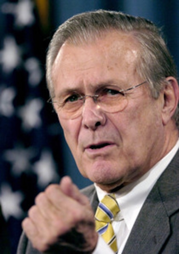 Secretary of Defense Donald H. Rumsfeld responds to a question during a Pentagon press briefing in Arlington, Va., on Feb. 21, 2006. Rumsfeld and Chairman of the Joint Chiefs of Staff Gen. Peter Pace, U.S. Marine Corps, talked to reporters about the DoD rescue and relief efforts in the Guinsaugon, Philippines mudslide disaster and the global war on terrorism. 