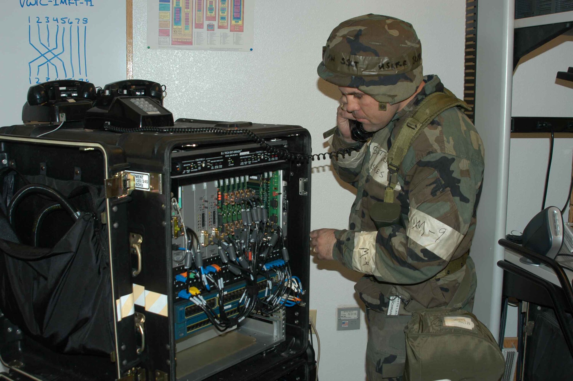 Staff Sgt. Scott Cockran, 944th Communications Flight computer network systems technician, works with the Basic Access Module, which provides secure and nonsecure voice and data capability for phones satellites and microwaves during an Ability to Survive and Operate exercise Feb. 12, 2006.