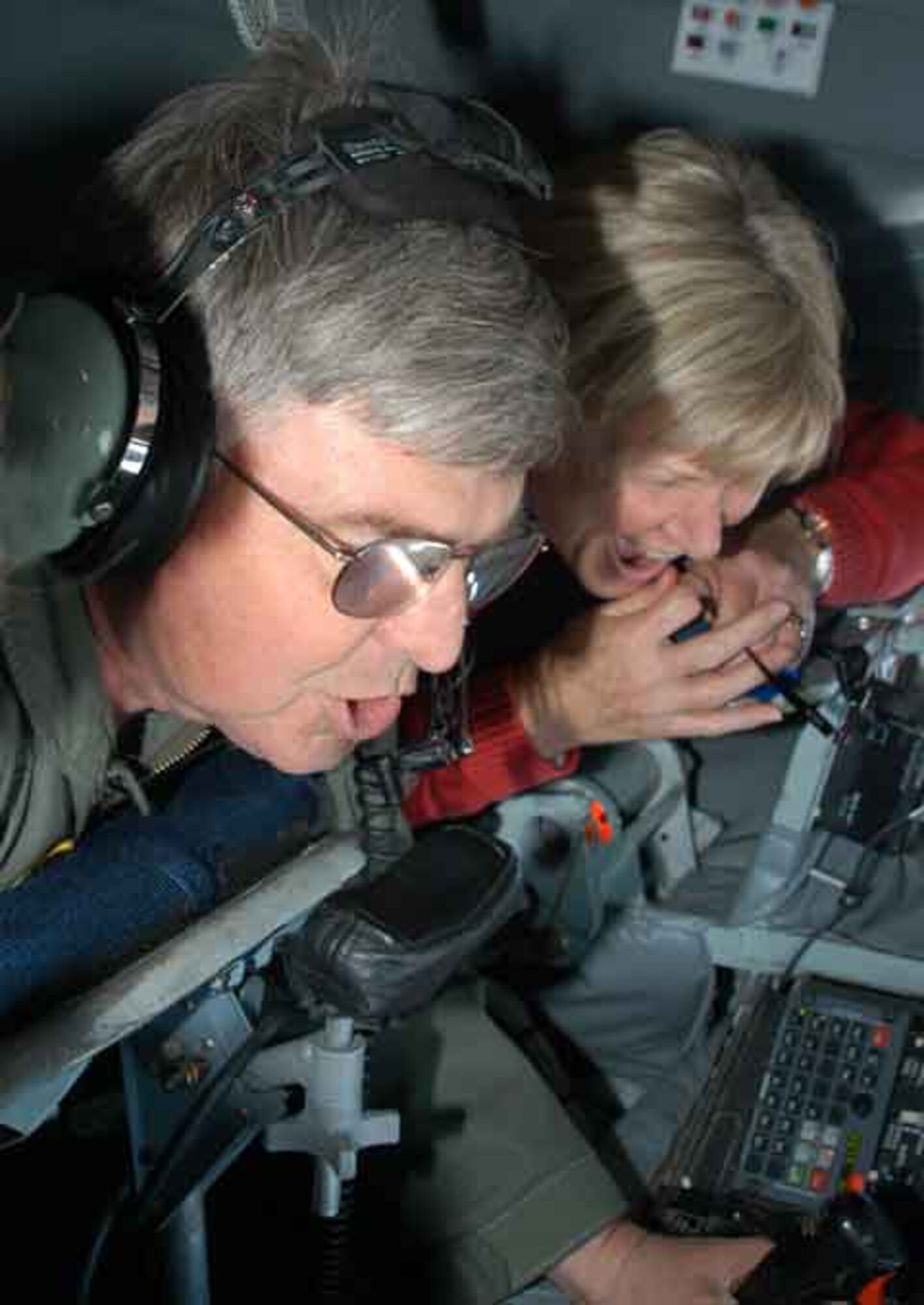 Reserve employer, Pam Richards (r), is wowed as she observes refueling operations from a KC-135 Boom Pod during during Bosses Day Feb. 11, 2005, at Luke Air Force Base, Ariz. (Photo by Staff Sgt. Stephen Razo)                             