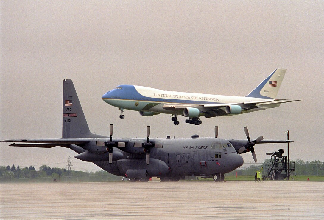 Air Force One takes off over C-130 airfield assigned to the Air Force Reserve's 440th Airlift Wing.