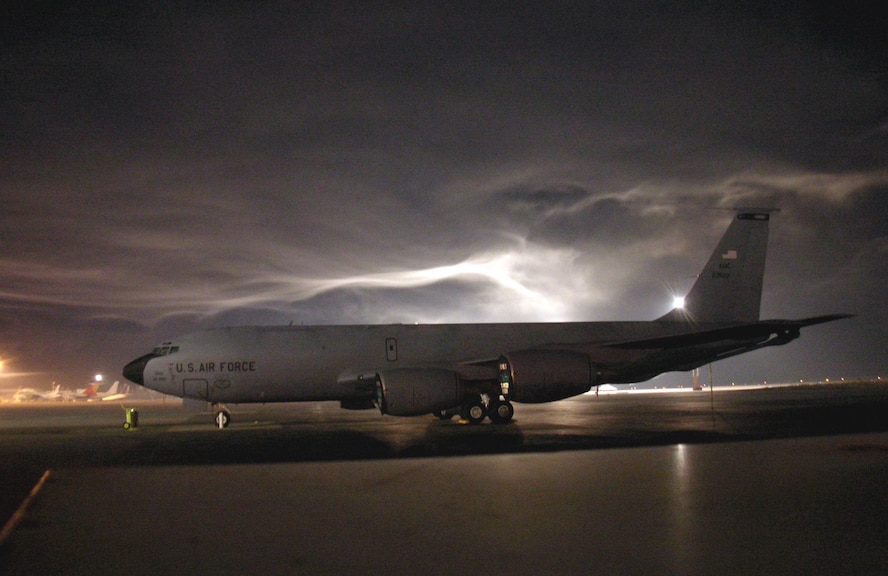 A KC-135 Stratotanker sits on the flightline at Manas Air Base, Kyrgyzstan, Thursday, Feb. 23, 2006. Ground crews will have to de-ice the tanker before it can take off on a refueling mission. (U.S. Air Force photo/Staff Sgt. Paul Clifford) 
