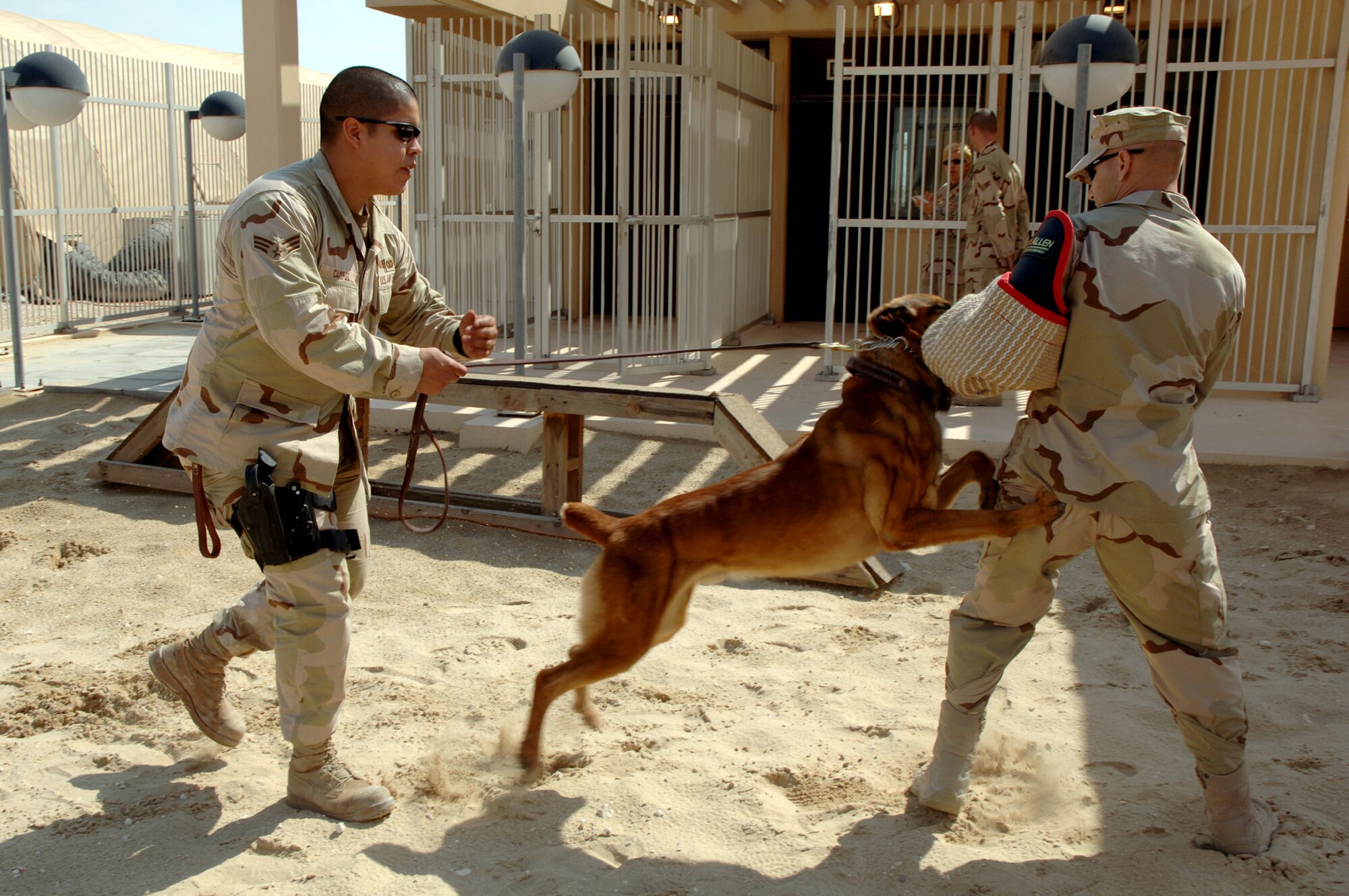 SOUTHWEST ASIA (AFPN) -- Senior Airman Martin Campos (left) conducts aggression training with his military working dog, Rico, and Tech. Sgt. Max Talley at a deployed location Feb. 24. Both Airmen and Rico are with the 379th Expeditionary Security Forces Squadron. (U.S. Air Force photo by Staff Sgt. Joshua Strang)