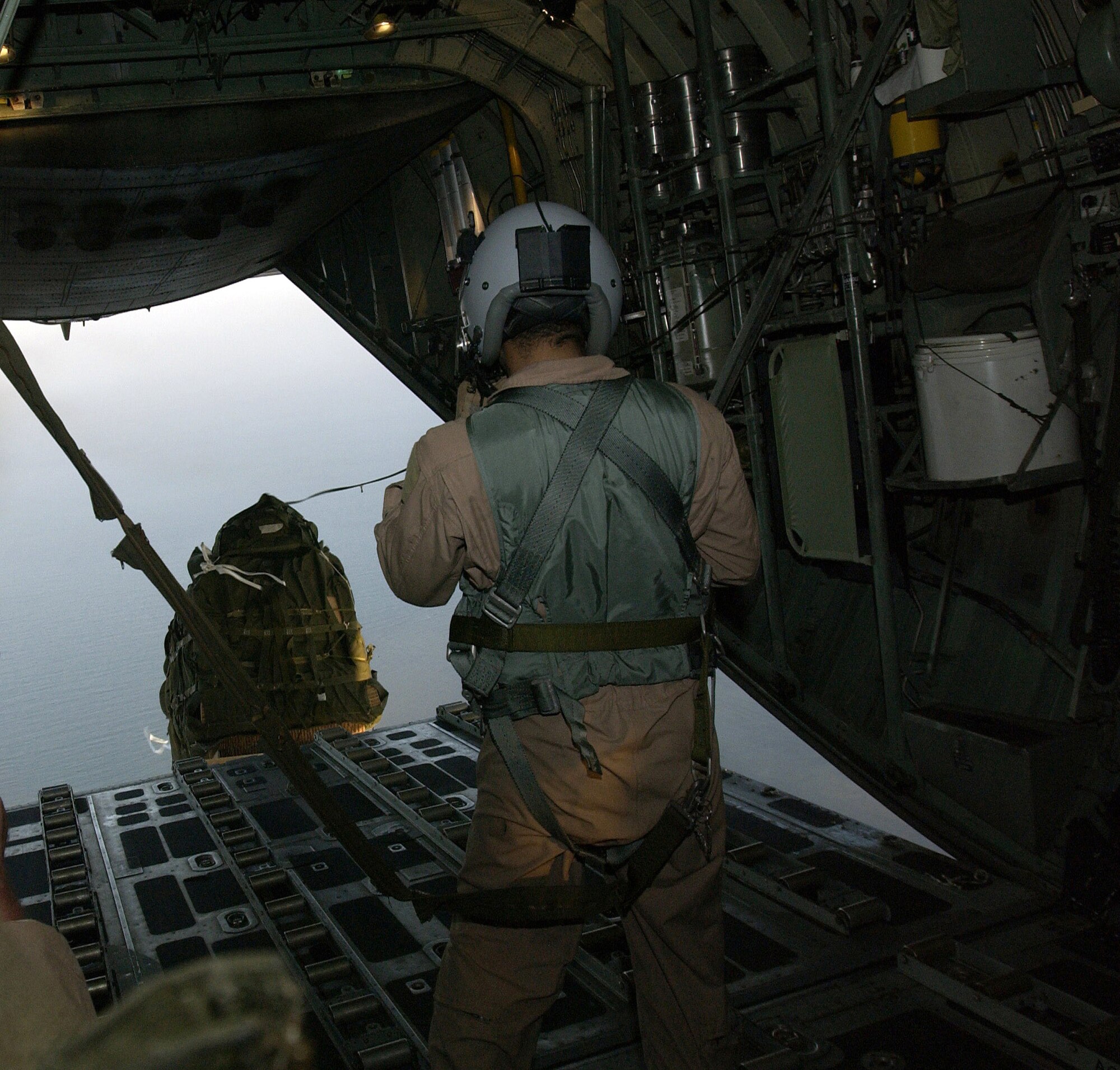 DJIBOUTI, Africa (AFPN) -- Airman 1st Class Johnnie Jackson watches a pallet drop out of a C-130 Hercules during an airdrop exercise. Airman Jackson is a loadmaster with the 71st Expeditionary Rescue Squadron. (U.S. Air Force photo by Staff Sgt. Ricky A. Bloom)
