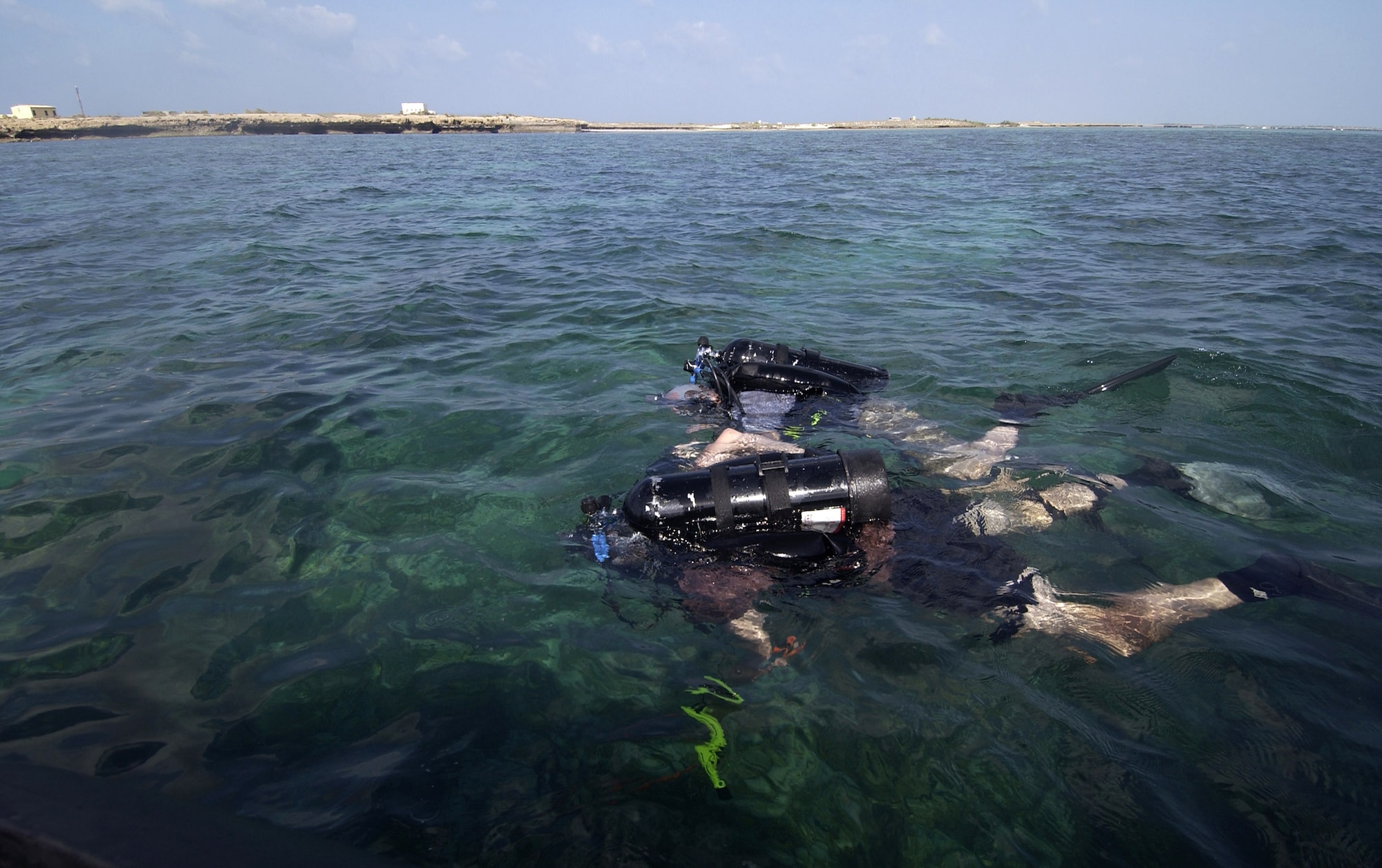 DJIBOUTI, Africa (AFPN) -- Air Force pararescuemen go through dive currency training off the coast here. The Airmen are reservists with the 304th Rescue Squadron at Portland International Airport, Ore. (U.S. Air Force photo by Staff Sgt. Ricky A. Bloom) 