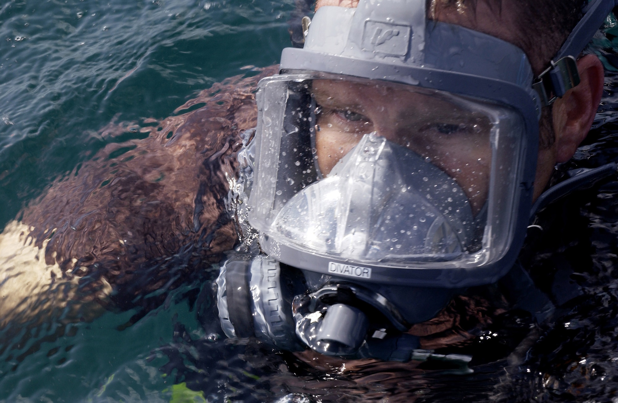 DJIBOUTI, Africa (AFPN) -- An Air Force pararescueman surfaces after dive currency training off the coast here. The Airman is a Reservist from the 304th Rescue Squadron at Portland International Airport, Ore. (U.S. Air Force photo by Staff Sgt. Ricky A. Bloom) 
