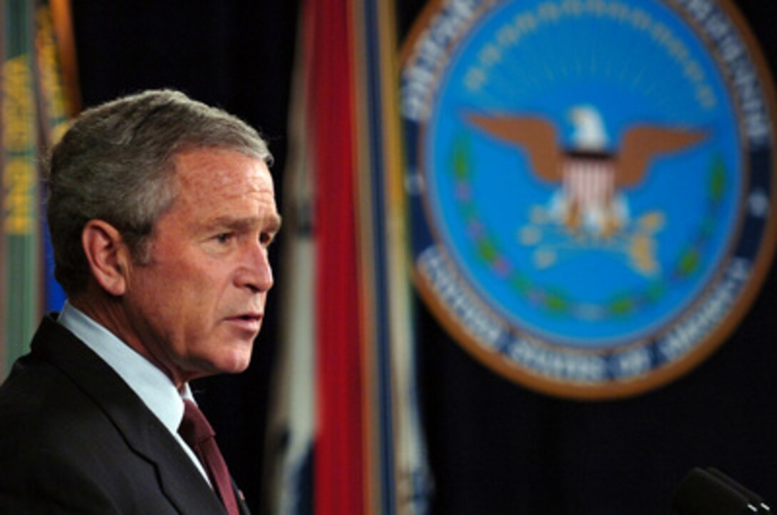 President George W. Bush speaks to reporters in the Pentagon after he and members of his national security team were briefed on the latest developments in Iraq, Afghanistan and the global war on terror on Jan. 4, 2006. Bush, Vice President Dick Cheney, Secretary of State Condoleezza Rice, Secretary of Defense Donald H. Rumsfeld, Chairman of the Joint Chiefs of Staff Gen. Peter Pace, U.S. Marine Corps, and Chief of Staff to the President Andrew Card were briefed by senior commanders in person and via secure video teleconference. 