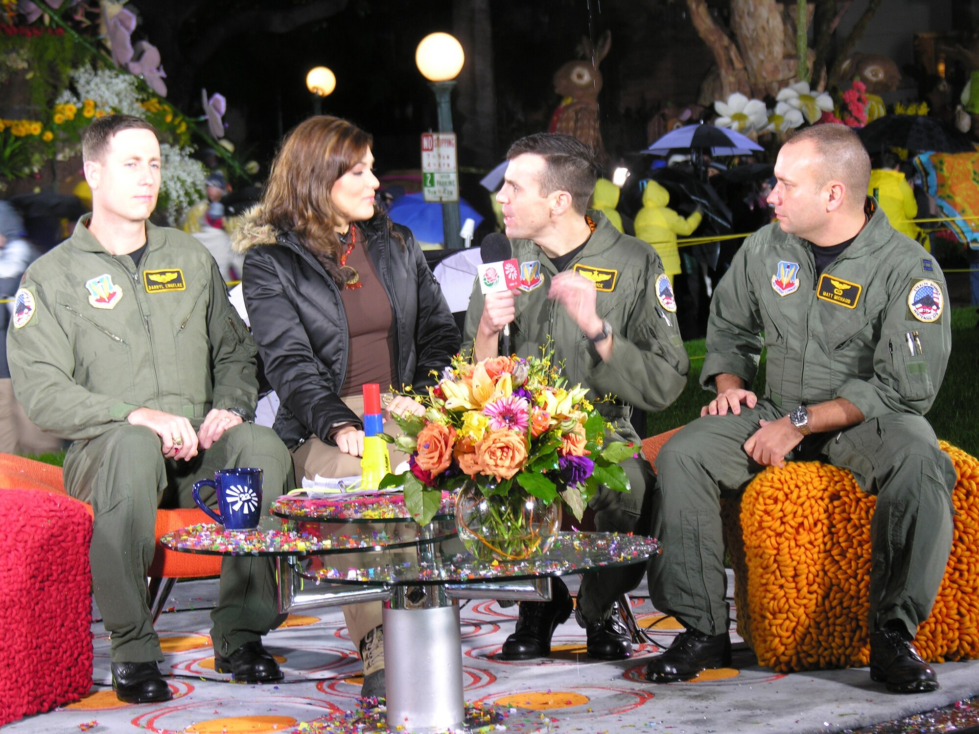 PASADENA, Calif. (AFPN) -- B-2 Spirit pilots talk with media members about Air Force participation in the 117th Tournament of Roses Parade Jan. 2. The Air Force participated in several Tournament of Roses events, including Fanfest and the National Bowl Championship Series Rose Bowl game Jan. 4. Opening ceremonies featured a B-1B Lancer flyover and the U.S. Air Force Academy's Wings of Blue parachute team and Cadet Chorale. B-2 pilots are with the 393rd Bomb Squadron at Whiteman Air Force Base, Mo. (U.S. Air Force photo by 1st Lt. Lori Dockendorf)