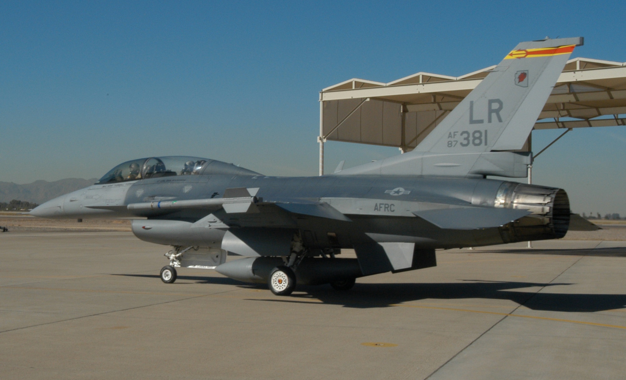 An Air Force Reserve F-16 assigned to the 944th Fighter Wing taxis onto the runway at Luke Air Force Base, Ariz.