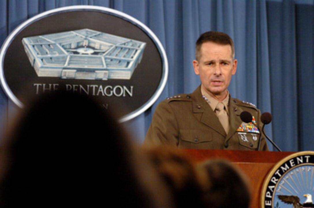 Chairman of the Joint Chiefs of Staff Gen. Peter Pace, U.S. Marine Corps, talks to reporters about his holiday visit to the deployed troops and foreign leaders in Iraq and other Middle East countries during a press conference in the Pentagon on Jan. 5, 2006. Pace was accompanied by a USO-sponsored troupe including 2004 American Idol finalist Diana DeGarmo, country music star Michael Peterson and comedian and actor Reggie McFadden during his eight day visit to Iraq and other Middle East countries. 