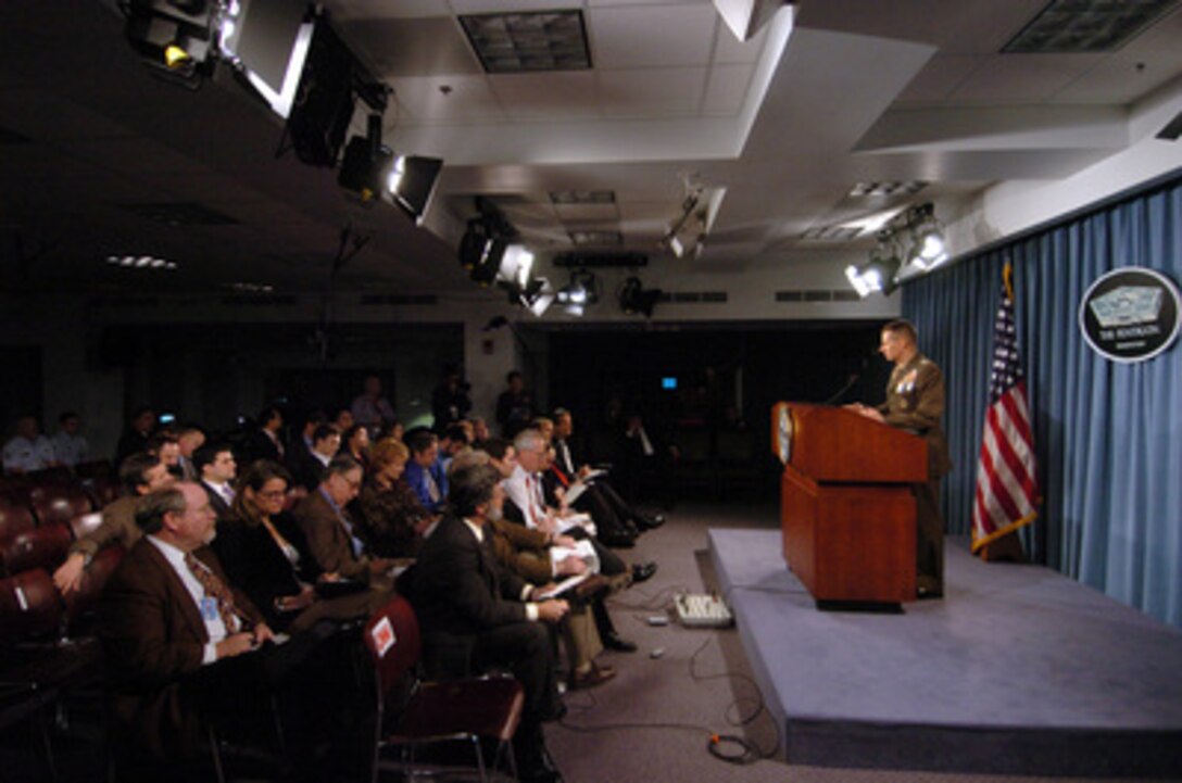 Chairman of the Joint Chiefs of Staff Gen. Peter Pace, U.S. Marine Corps, talks to reporters about his holiday visit to the deployed troops and foreign leaders in Iraq and other Middle East countries during a press conference in the Pentagon on Jan. 5, 2006. Pace was accompanied by a USO-sponsored troupe including 2004 American Idol finalist Diana DeGarmo, country music star Michael Peterson and comedian and actor Reggie McFadden during his eight day visit to Iraq and other Middle East countries. 