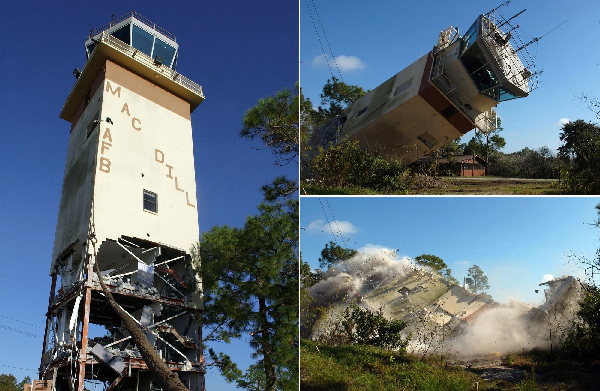 MACDILL AIR FORCE BASE, Fla. (AFPN) -- Originally built in 1972, the old air traffic control tower was demolished here Jan. 5. The 6th Operations Group headed the demolition project to replace the base's old tower with a newer more efficient one. (U.S. Air Force photos by Airman 1st Class Bradley A. Lail and Senior Airman Jason Robertson)