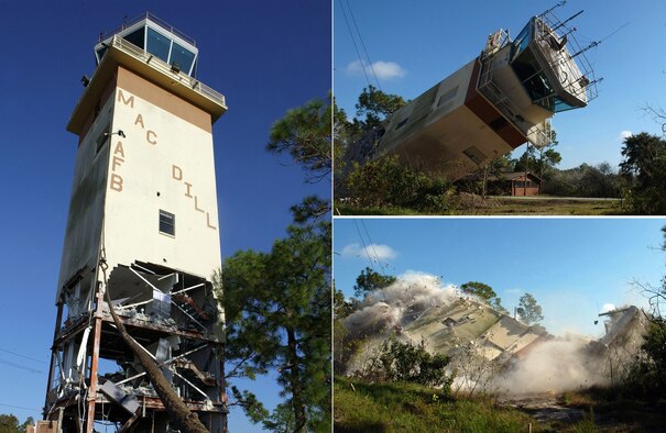 MACDILL AIR FORCE BASE, Fla. (AFPN) -- Originally built in 1972, the old air traffic control tower was demolished here Jan. 5. The 6th Operations Group headed the demolition project to replace the base's old tower with a newer more efficient one. (U.S. Air Force photos by Airman 1st Class Bradley A. Lail and Senior Airman Jason Robertson)