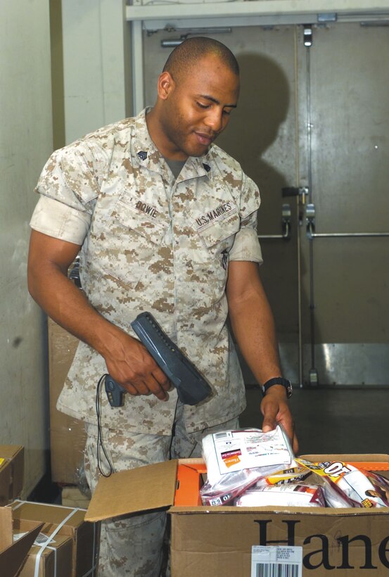 Sgt. Richard Dowie, retail manager for the base Post Exchange, imputs prices on a batch of merchandise with a digital price gun. Dowie returned from a deployment to Iraq with the 2nd Marine Logistics brigade in September 2005.