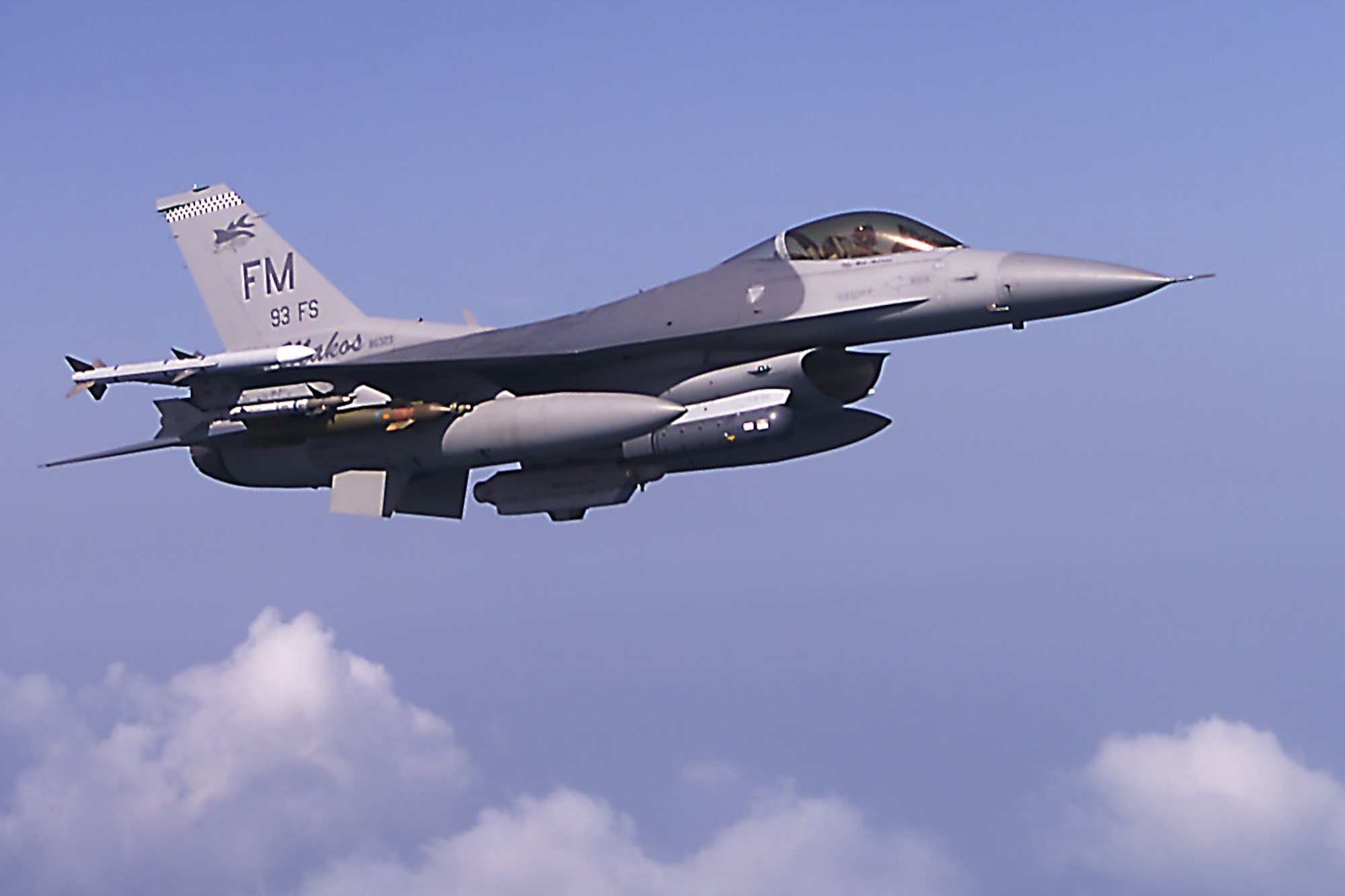 482nd Fighter Wing / 93rd Fighter Squadron Lockheed F-16C Fighting Falcon carrying an Aim-120, and Aim-9 air-to-air missiles, a single GBU-12 and a Lighting Targeting pod.  The aircraft is normally based at Homestead Air Reserve Station and was flying near the Southern Flordia coastline. (Photo by: MSgt Joe Cupido, 4th Combat Camera)