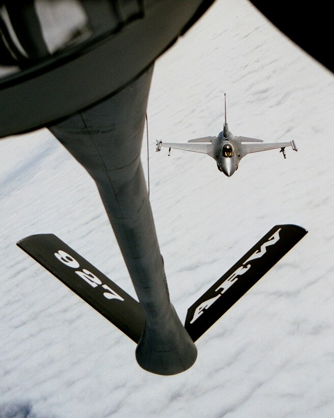 A 927th Air Refueling Wing KC-135R Stratotanker awaits approaching aircraft for in flight refueling.