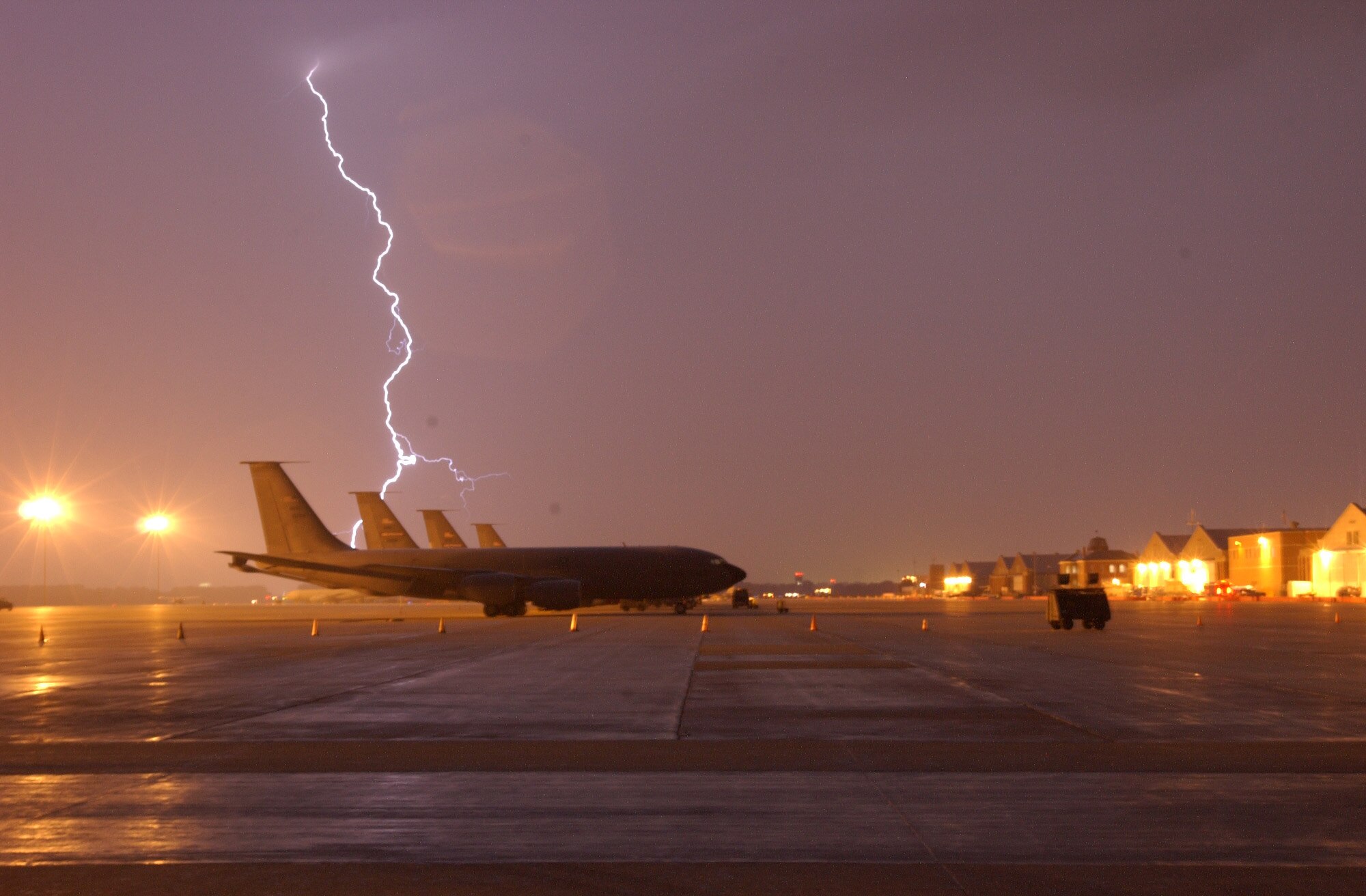 Violent lightening storm during 927th Air Refueling Wing Inspector General Exercise (IGX). Troop loading was significantly delayed until storm passed through the area. There was not any damage incurred to KC-135 aircraft.