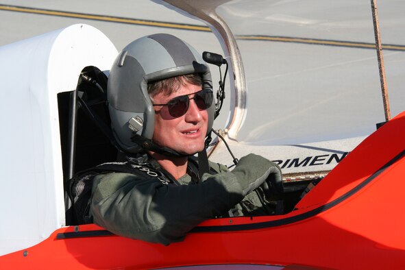 Air Force Reserve C-5 pilot Maj. Steve Temple from the 445th Airlift Wing prepares for a pylon race in his sports aircraft. (U.S. Air Force photo by TSgt. Charlie Miller)