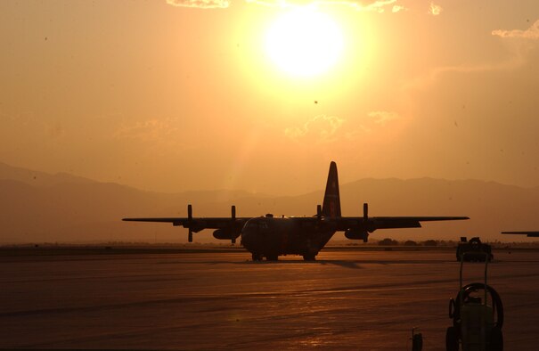 PETERSON AIR FORCE BASE, Colo. - A C-130H from the 302nd Airlift Wing, an Air Force Reserve Unit, sits on the flight line here at sunset on May 6, 2004.  (U.S. Air Force photo by Lt Col Clancy Preston)