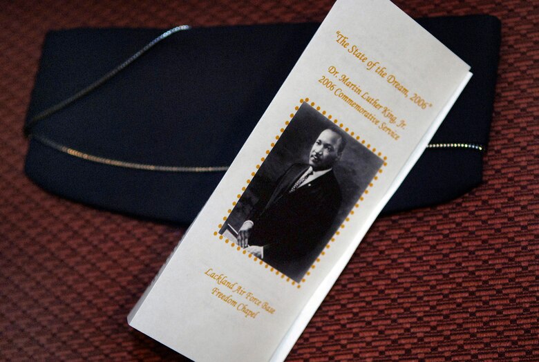 LACKLAND AIR FORCE BASE, Texas (AFPN) -- Today marks the 20th anniversary of the national holiday, Martin Luther King Jr. Day.  At Freedom Chapel, here, a pamphlet lays on an Air Force blues hat Jan. 13 during the base's commemorative service. (U.S. Air Force photo by Tech. Sgt Larry A. Simmons)