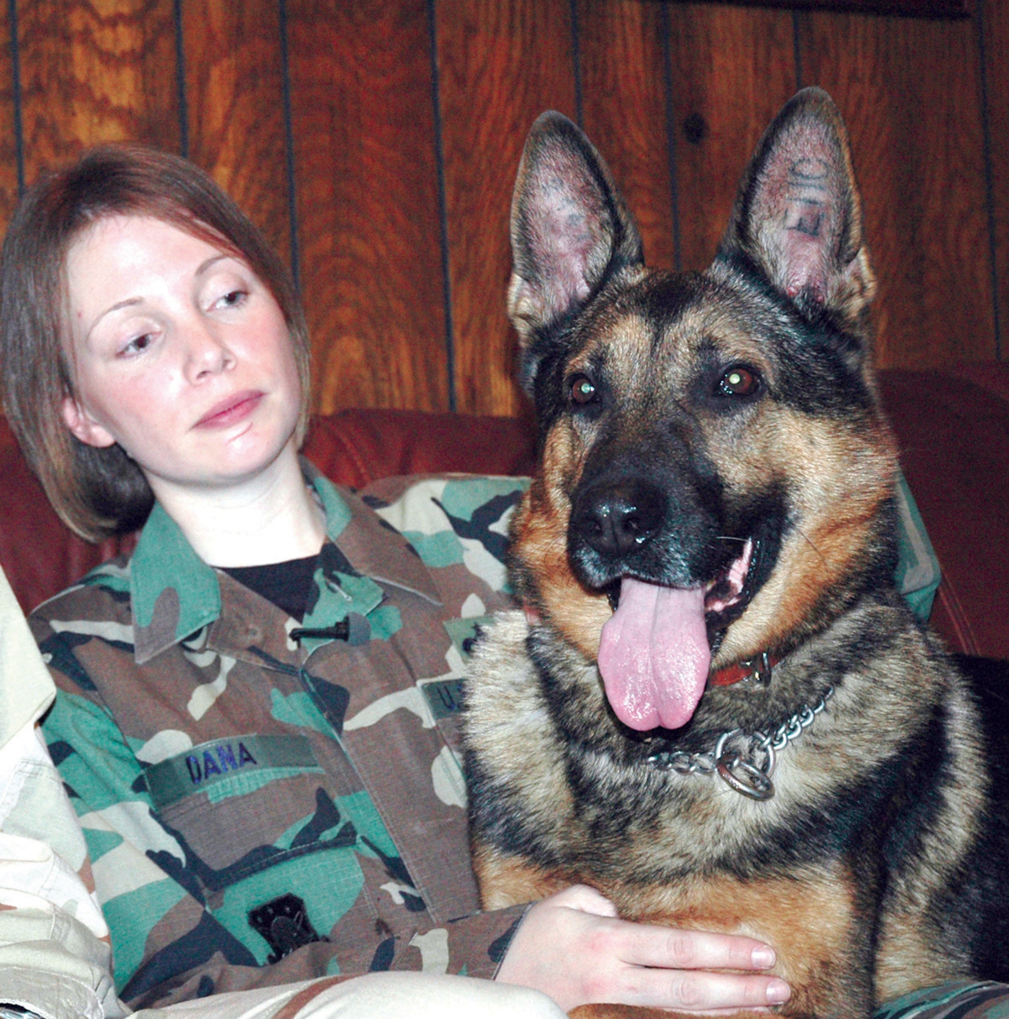 PETERSON AIR FORCE BASE, Colo. (AFPN) -- Tech. Sgt. Jamie Dana sits with her military working dog, Rex during a Dec. 1interview with NBC news. Sergeant Dana is the first military working dog handler to adopt her working dog from active-duty service thanks to a new defense appropriations bill. Sergeant Dana is a military working dog handler with the 21st Security Forces Squadron. (U.S. Air Force photo)