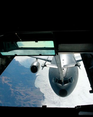 Steady now: The Air Force Reserve's 349th Air Mobility Wing, Travis AFB, Calif., proudly demonstrates the skills of its C-5 Galaxy and KC-10 Extender aircrews during a civic leader orientation flight. Civic leaders observe the hard work of the citizen airmen who live, work and raise their families in the local civilian communities while also serving our nation. Successful events like this one are helped the 349th AMW earn the the Raincross Trophy for 2004. The award's criteria include 10 measured categories ranging from mission effectiveness to community relations.