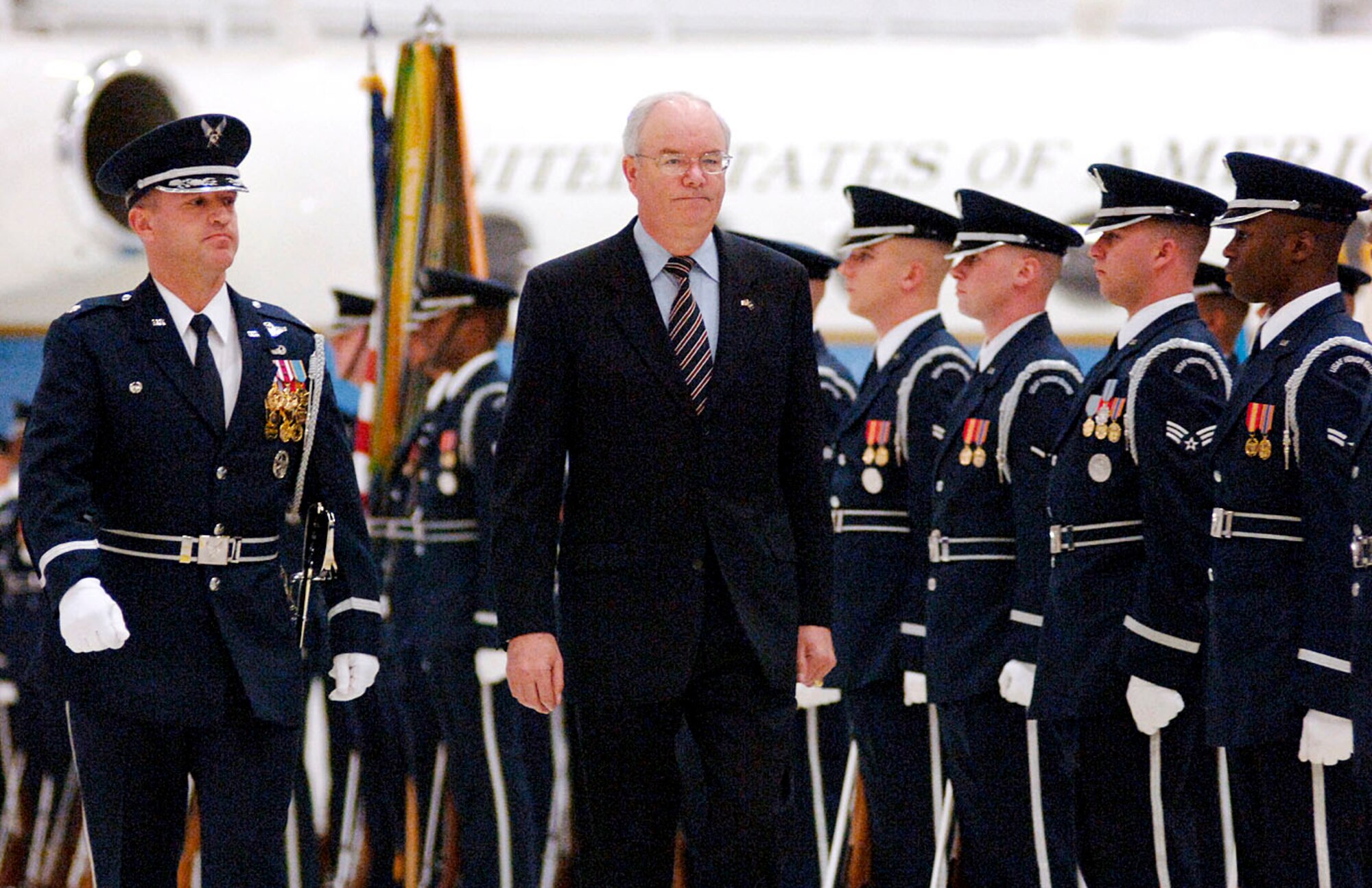 ANDREWS AIR FORCE BASE, Md. -- Secretary of the Air Force Michael W. Wynne is "welcomed into the blue" during a ceremony here today.  He assumed the duties as the 21st secretary of the Air Force in November 2005. (U.S. Air Force photo by Staff Sgt. Dennis J. Henry Jr.)