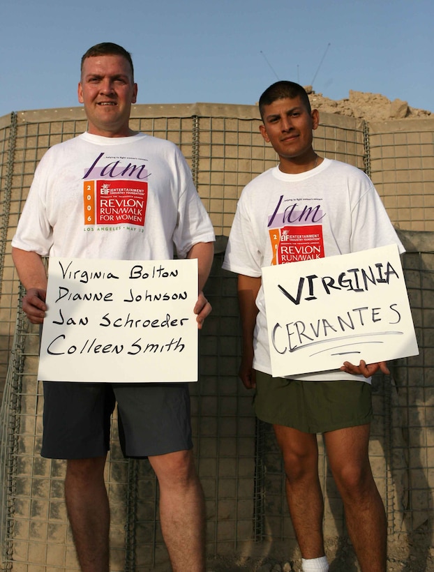 Gunnery Sgt. Dave Watson and Cpl. Richard G. Guerrero hold signs they made to show their support for loved ones who have battled cancer. The signs were made for the 13th annual Revlon Run/Walk For Women, held at Camp Taqaddum, Iraq. The event was held May 13, 2006, to raise awareness and funding for cancer research and outreach programs for women. Official USMC photo by: Cpl. Stephen Holt (060513-M-0293H-001) (Released)
