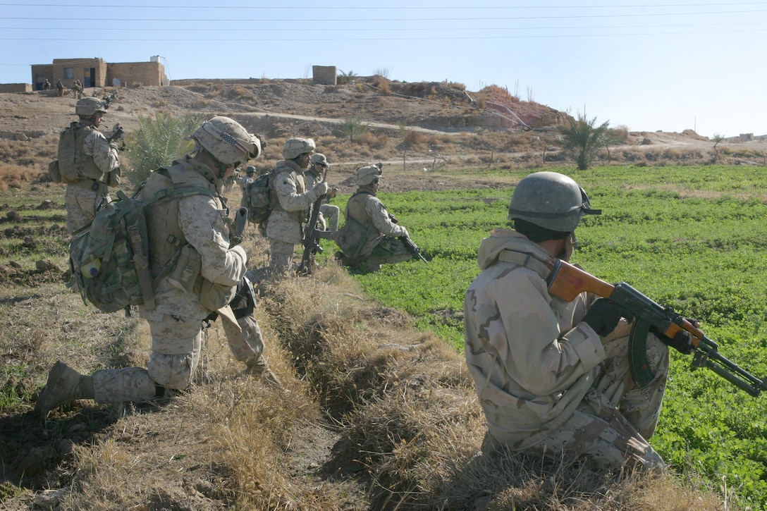 Marines from Bravo Co., Battalion Landing Team, 1st Battalion, 2nd Marines, work alongside Iraqi soldiers in a search for weapons caches and insurgents during Operation Koa Canyon along the Euphrates River Jan. 16, 2006. The 22nd MEU (SOC) is conducting counterinsurgency operations in Al Anbar province with an Iraqi infantry battalion, collectively under the tactical control of the 2nd Marine Division.