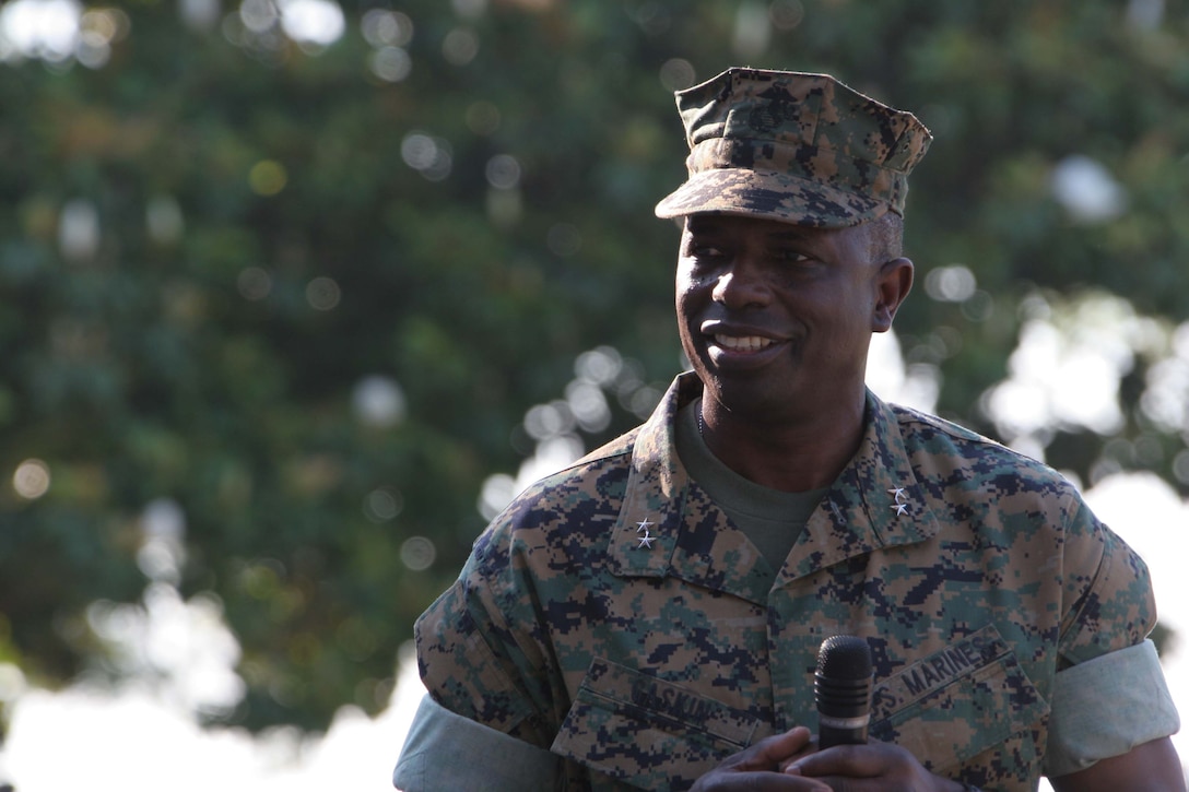 MARINE CORPS BASE CAMP LEJEUNE, N.C. (June 16, 2006)- Maj Gen. Walter E. Gaskin talks to the crowd of Marines, sailors, soldiers and families after assuming command of 2nd Marine Division from Maj. Gen. Richard A. Huck at their change of command ceremony here June 16. Gaskins was the commanding general of Marine Corps Recruiting Command before assume command of the division. Huck was in command since Nov. 10, 2004 and led the dvision to Iraq for a year in February 2005. (Official U.S. Marine Corps photo by Cpl. Lucian Friel (RELEASED)