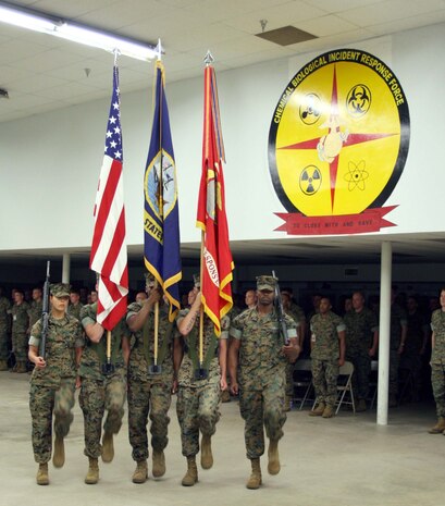 INDIAN HEAD, Md. - The Chemical Biological Incident Response Force (CBIRF) color guard retires the colors during a ceremony celebrating the Navy's Hospital Corps' 108-year history June 16.  During the ceremony the unit recognized the continuing sacrifices hospital corpsman have made to save the lives of Marines from WWI to Operation Iraqi Freedom.