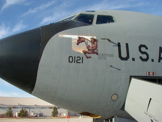 "Spirit in the Sky" - A KC-135 R Stratotanker flown by the 507th Air Refueling Wing, Air Force Reserve Command, at Tinker Air Force Base, Oklahoma, displays nose art to illustrate the Oklahoman roots of the unit's Citizen Airmen.  The KC-135 aircraft will celebrate its 50th birthday serving with the U.S. Air Force in September.
