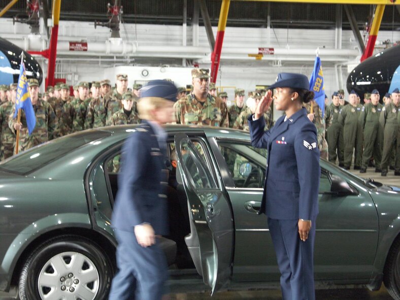 Col. Maryanne Miller arrives by car to take her place as the new wing commander of the 932nd Airlift Wing.  Photo by TSgt. Dan Oliver.