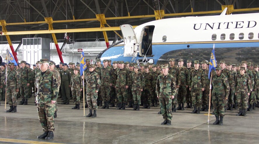 Wing members of the 932nd Airlift Wing take their place in formation before the C-9C aircraft.  Photo by TSgt. Dan Oliver.