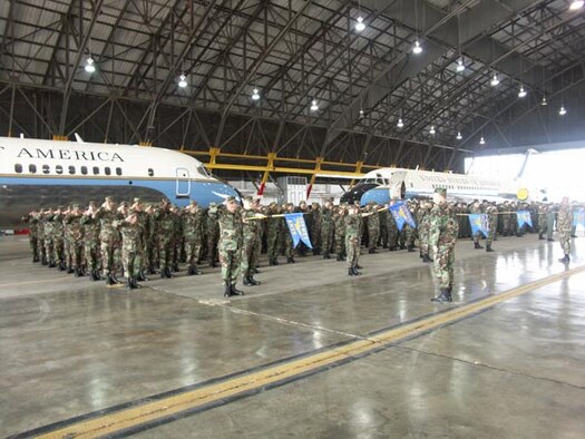 Two of the three C-9C aircraft belonging to the 932nd Airlift Wing face each other as the wing prepares for a ceremony.