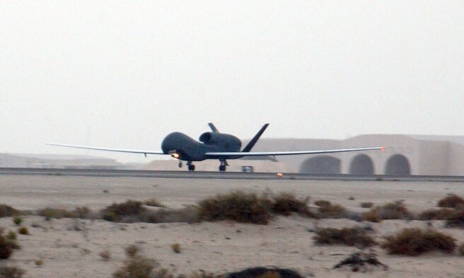 A Global Hawk unmanned aerial vehicle taxis down the runway at a deployed location in Southwest Asia. Air Force officials recently testified before the House Armed Services Committee about the success of the UAV in transforming battlespace. (U.S. Air Force photo/Tech. Sgt. Mike Hammond)
