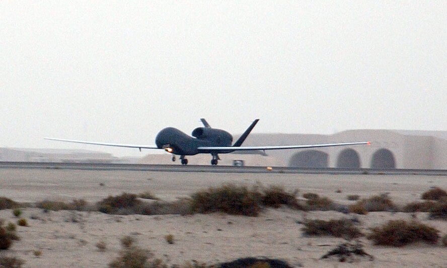 A Global Hawk unmanned aerial vehicle taxis down the runway at a deployed location in Southwest Asia. Air Force officials recently testified before the House Armed Services Committee about the success of the UAV in transforming battlespace. (U.S. Air Force photo/Tech. Sgt. Mike Hammond)
