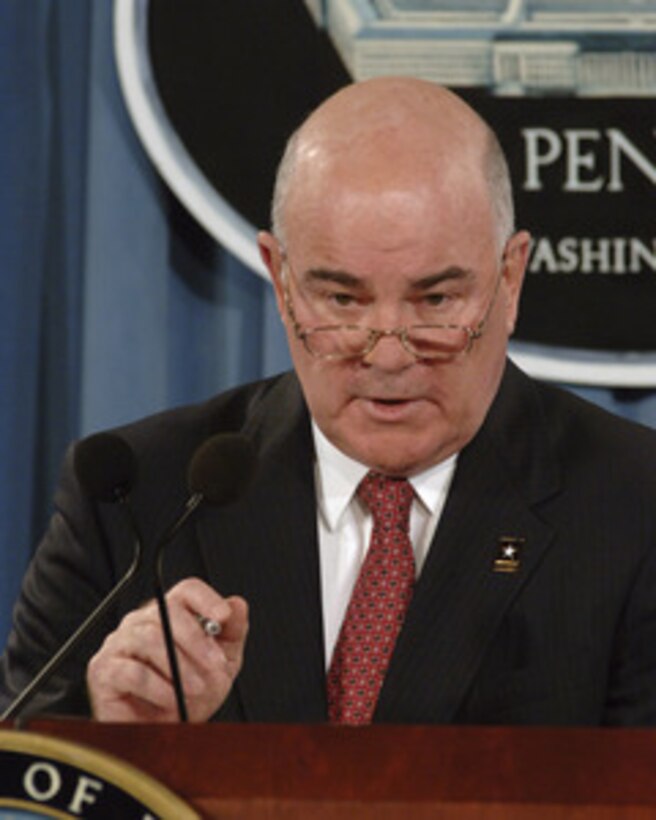 Secretary of the Army Francis J. Harvey conducts a Pentagon press briefing on Jan. 18, 2006. Harvey covered issues such as Army recruiting, retention, transformation, modernization and force protection. 