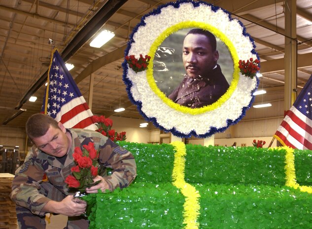 NELLIS AIR FORCE BASE, Nev. -- Tech. Sgt. David Downer works on a base-sponsored float that participated in the Dr. Martin Luther King Day parade on Jan. 14 in Las Vegas. He is with the 99th Logistics Readiness Squadron. (U.S. Air Force photo by Tech. Sgt. Demetrius Lester)