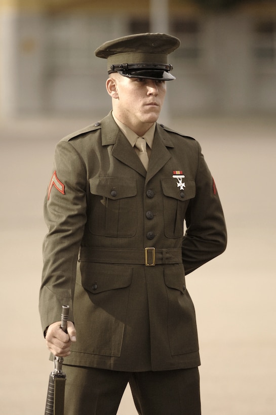 Pfc. Travis Buskuhl, Platoon 1027, Company B, stands at parade rest during the battalion commander?s inspection Tuesday.