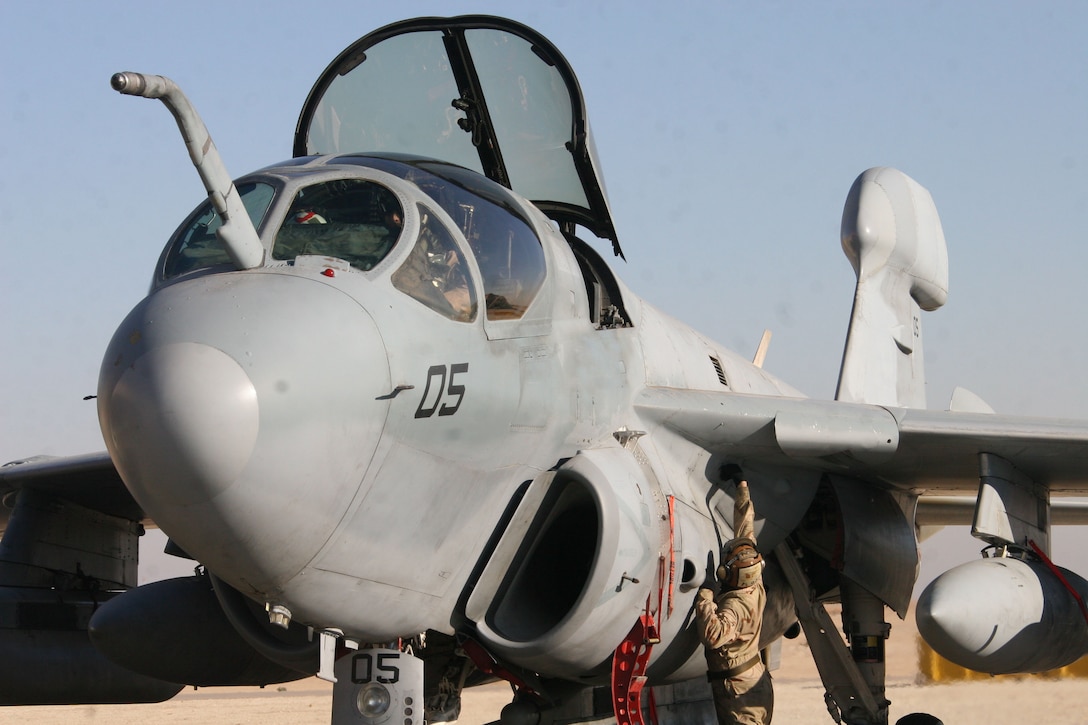 An EA-6B Prowler aircrew from the Banshees of Marine Tactical Electronic Warfare Squadron 1 prepares for the squadron's final flight mission, Jan. 21, at Al Asad, Iraq. The Banshees, based at Marine Corps Air Station Cherry Point, N.C., are preparing to return home after six months of duty in support of Operation Iraq Freedom.