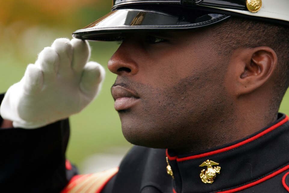 ARLINGTON, Va. ? Sgt. Derick Smith, a 24-year-old supply clerk and Georgia native, stands at attention and salutes the National Ensign and Marine Corps flag Oct. 22 as a color guard from Marine Barracks Washington passes by. A dozen Marines from Henderson Hall were present at the ceremony to act as escorts.