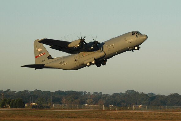 A C-130J-30 takes off from Keesler Air Force Base, Miss. The aircraft and crew deployed in support of Operations Enduring/Iraqi Freedom in December of 2004.